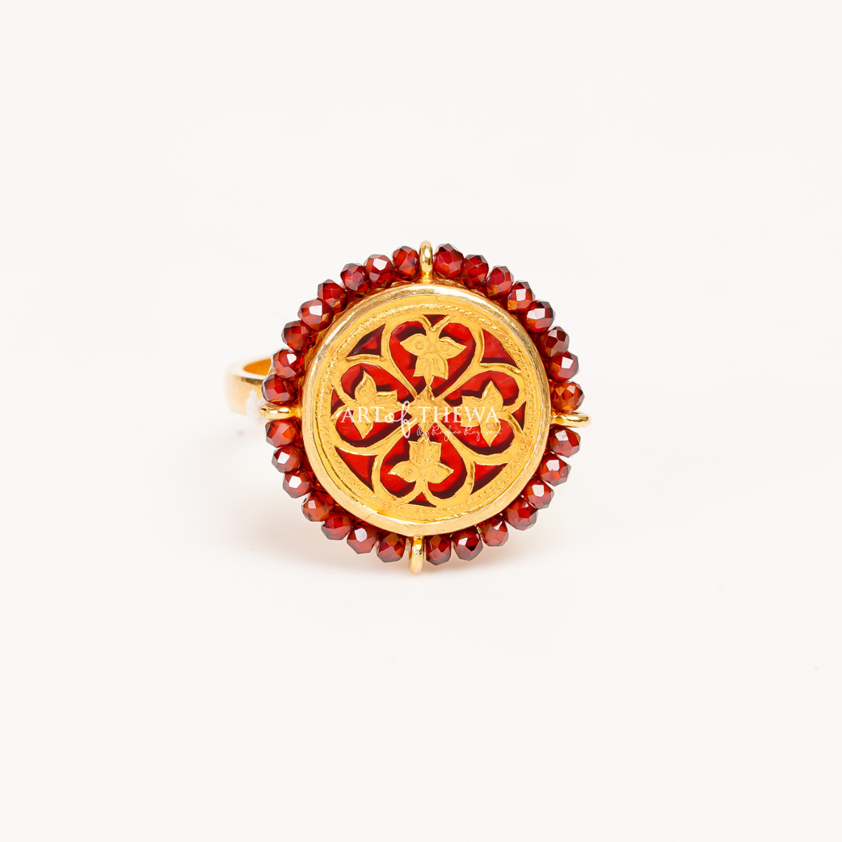 Floret Small Garnet Thewa Art Ring - A Handcrafted Regal Masterpiece in 23 Carat Gold