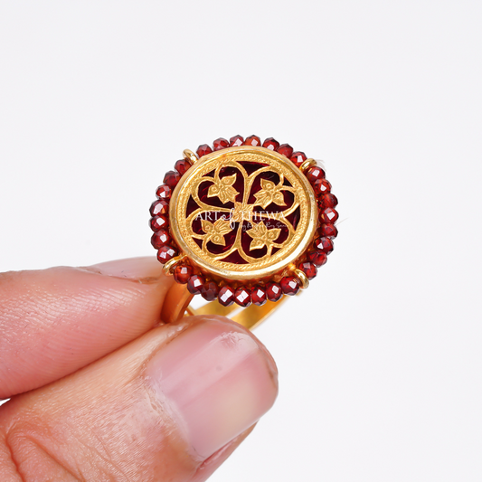 Floret Small Garnet Thewa Art Ring - A Handcrafted Regal Masterpiece in 23 Carat Gold