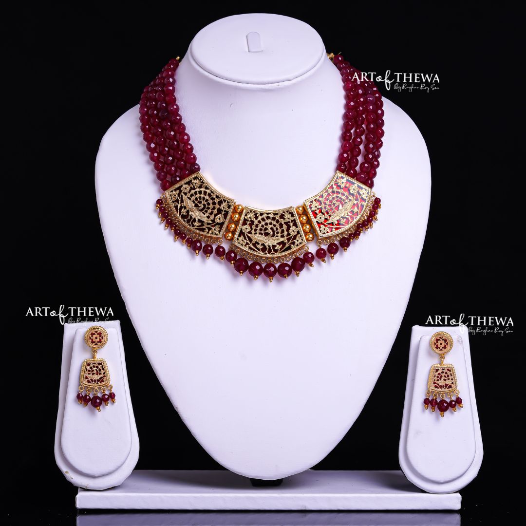Thewa Kala Dancing Peacock 3-Piece Big Necklace Set - A Majestic Fusion of Tradition and Beauty
