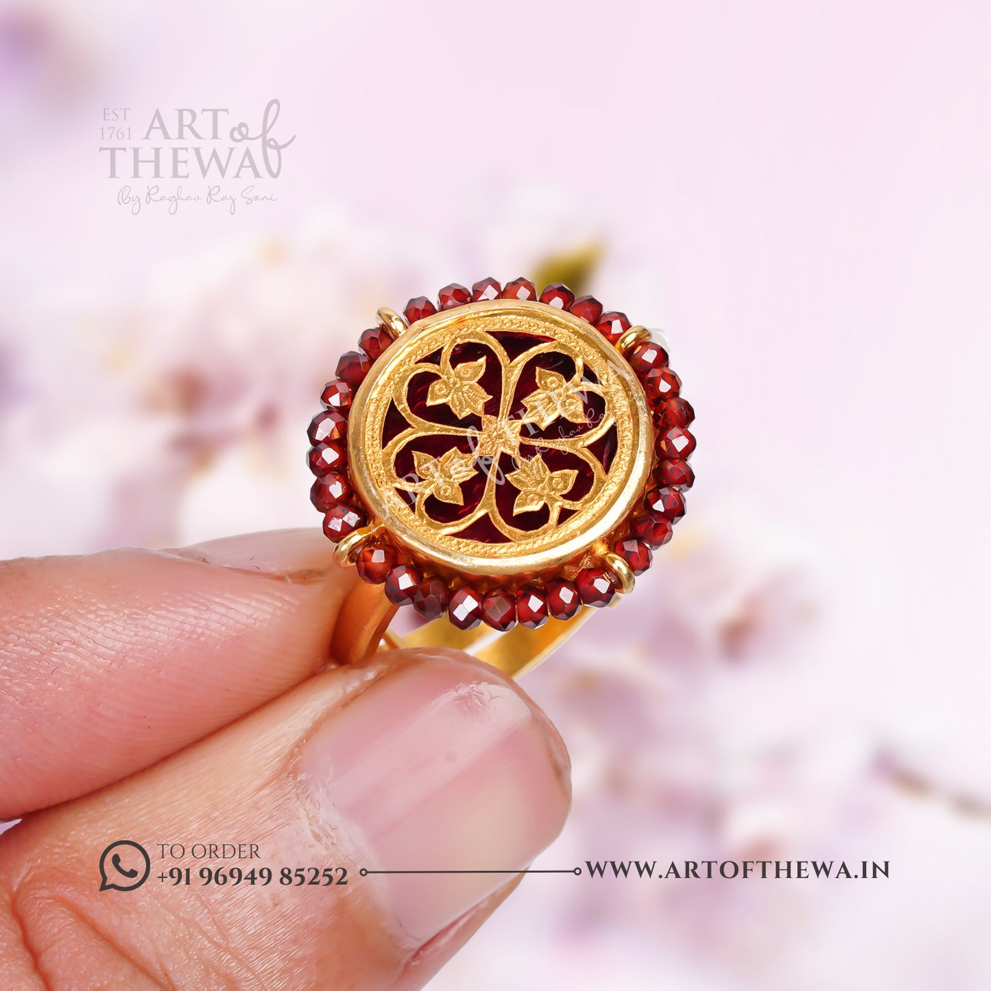 Floret Small Garnet Thewa Art Ring - A Handcrafted Regal Masterpiece in 23 Carat Gold