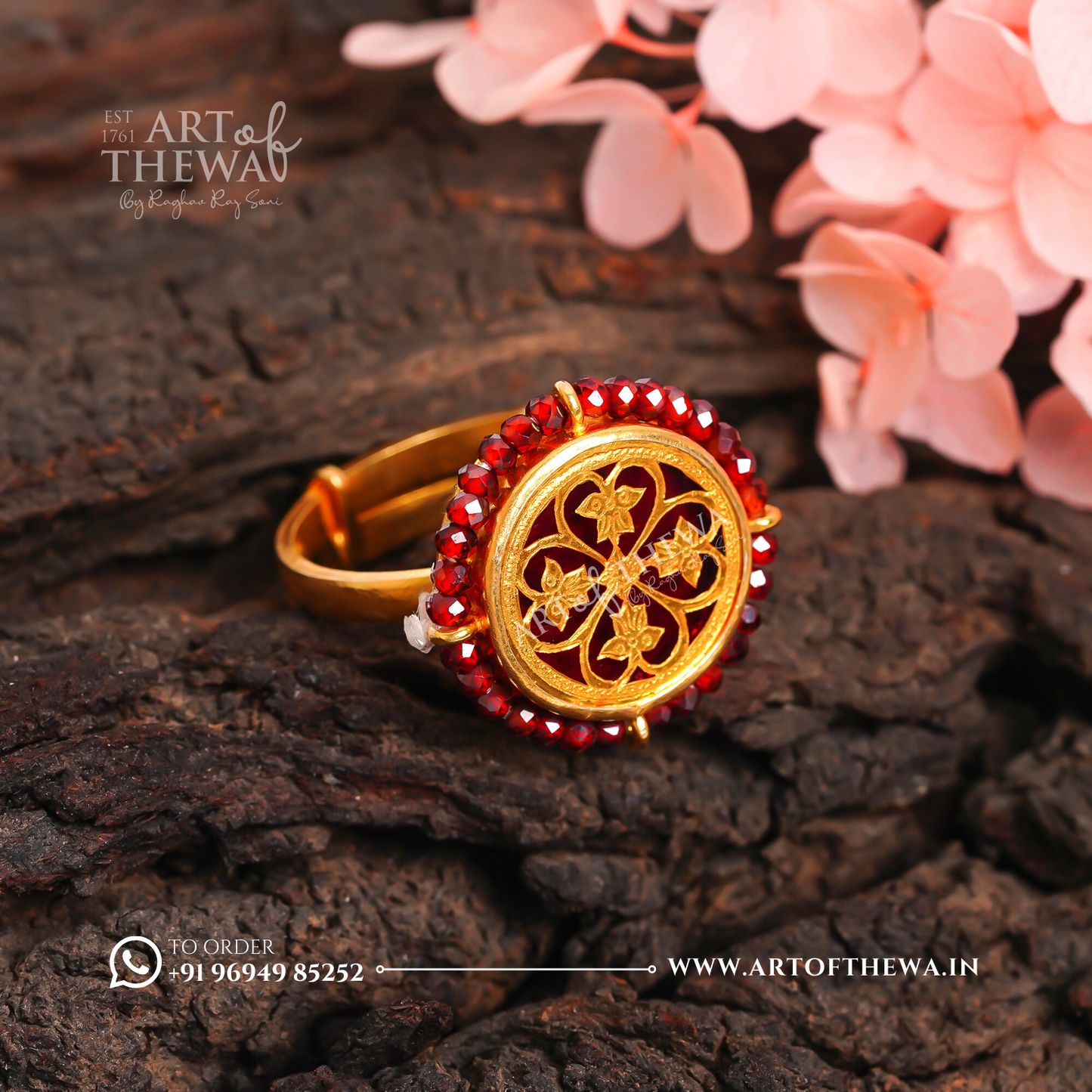 Floret Small Garnet Thewa Art Ring - A Handcrafted Regal Masterpiece in 23 Carat Gold