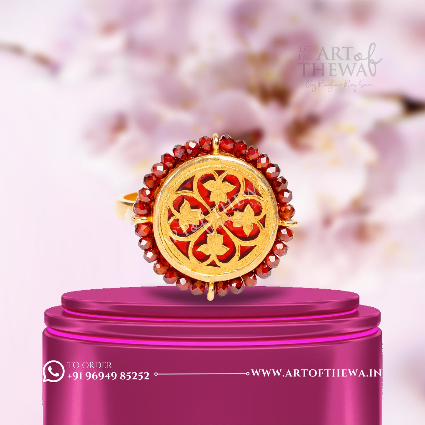 Floret Small Garnet Thewa Art Ring - A Handcrafted Regal Masterpiece in 23 Carat Gold