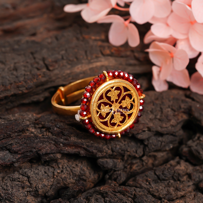 Floret Small Garnet Thewa Art Ring - A Handcrafted Regal Masterpiece in 23 Carat Gold