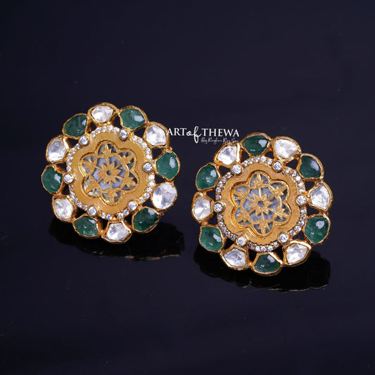 Floral Polki Thewa Stud Earrings– A Fusion of Radiance and Tradition