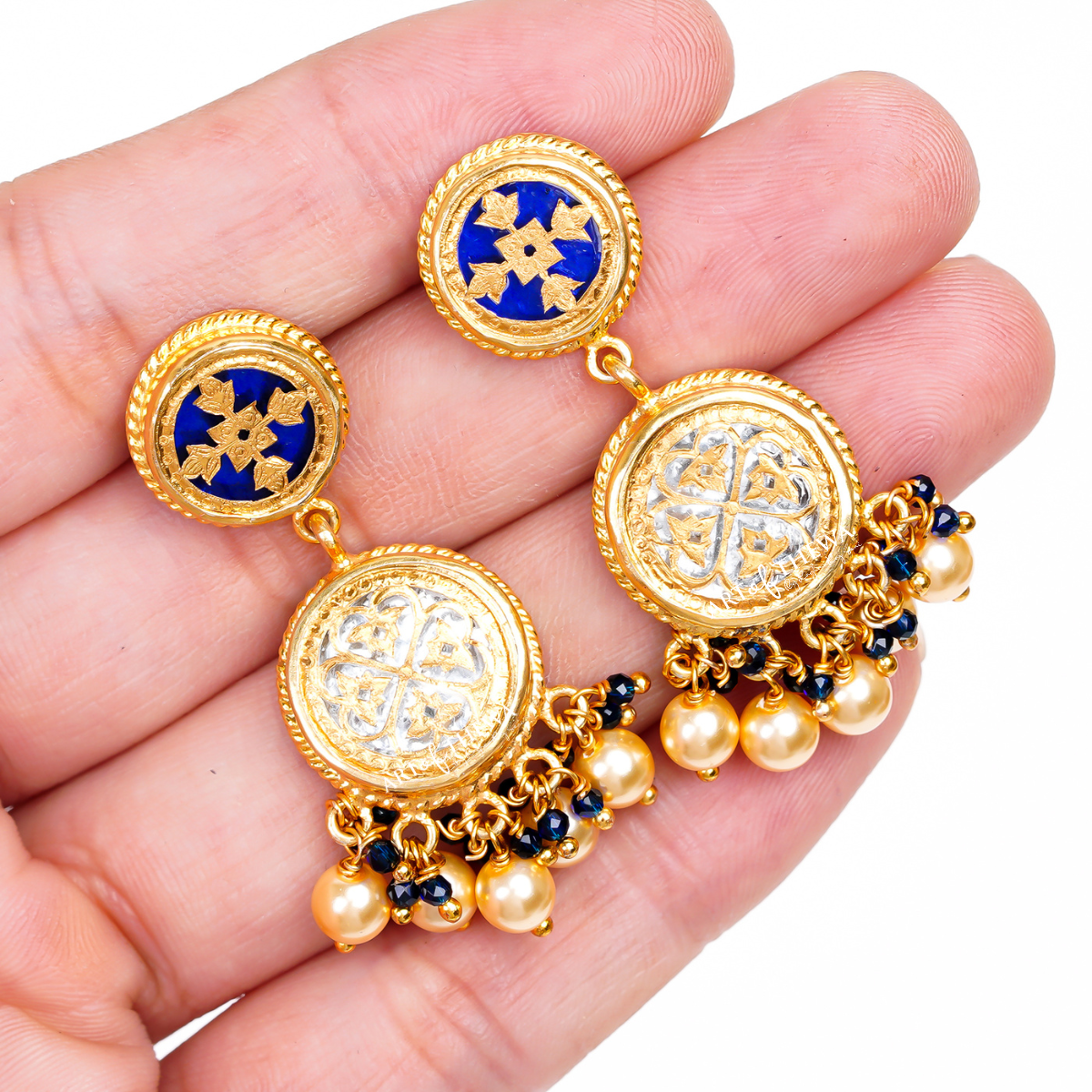 Blue Bianco Thewa Art Latkan Earrings - An Expression of Heritage Royalty