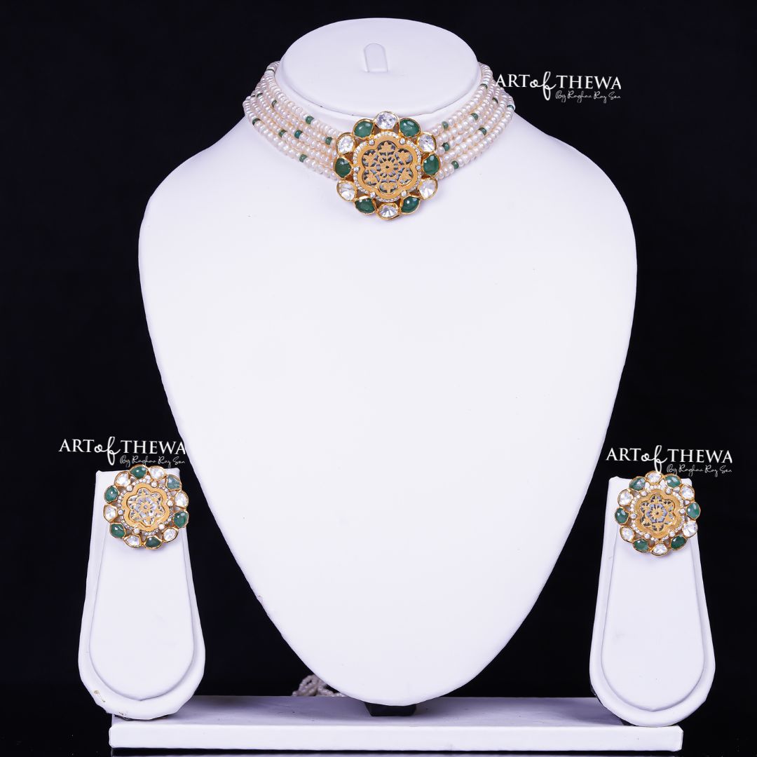 Floral Polki Set - Designer Thewa jewellery