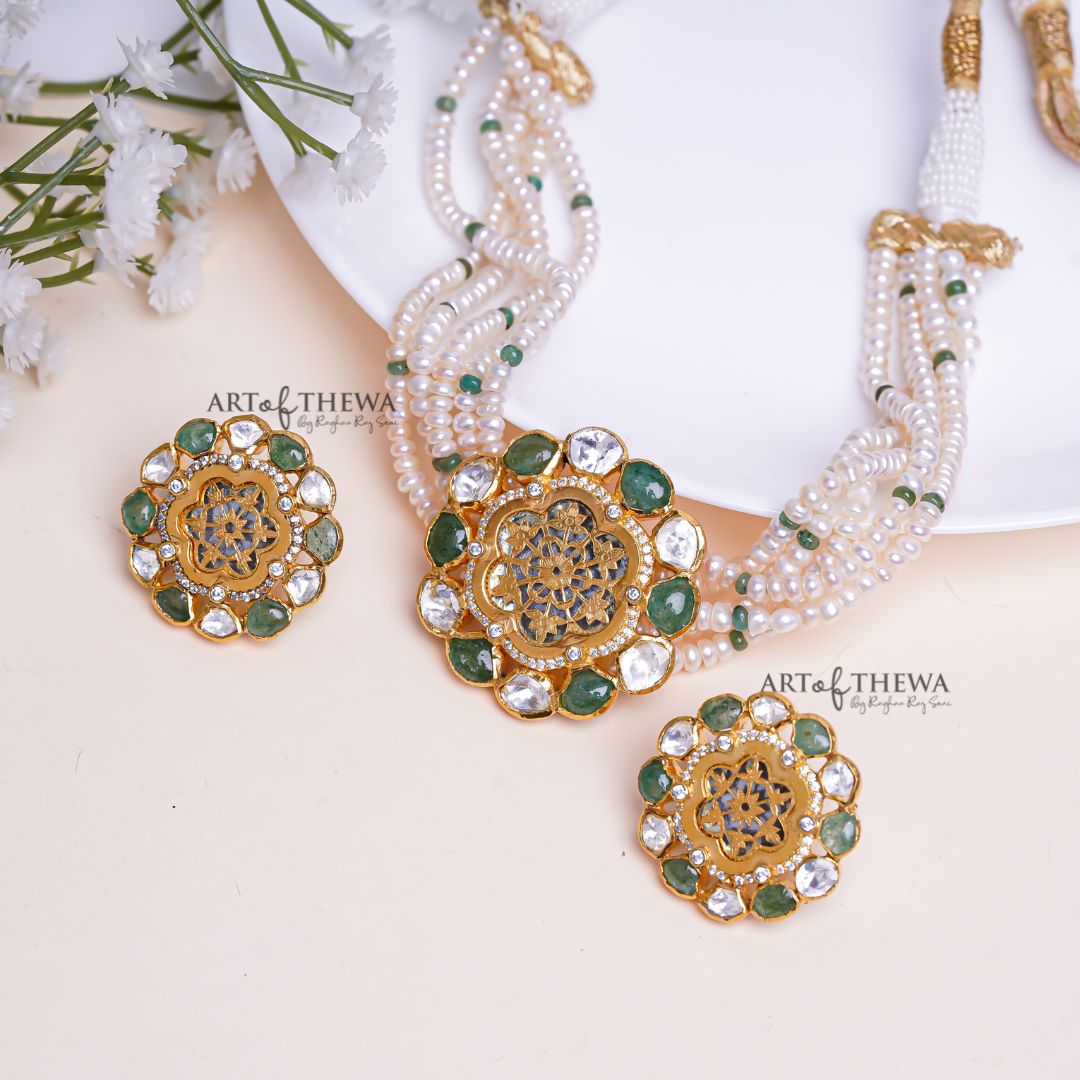 Floral Polki Set - Designer Thewa jewellery