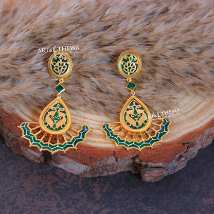 Peacock enamel Thewa art earrings
