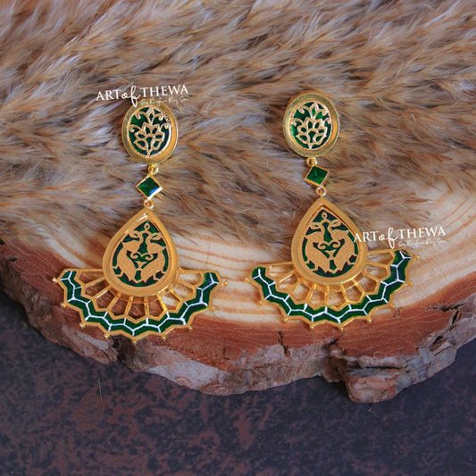 Peacock enamel Thewa art earrings