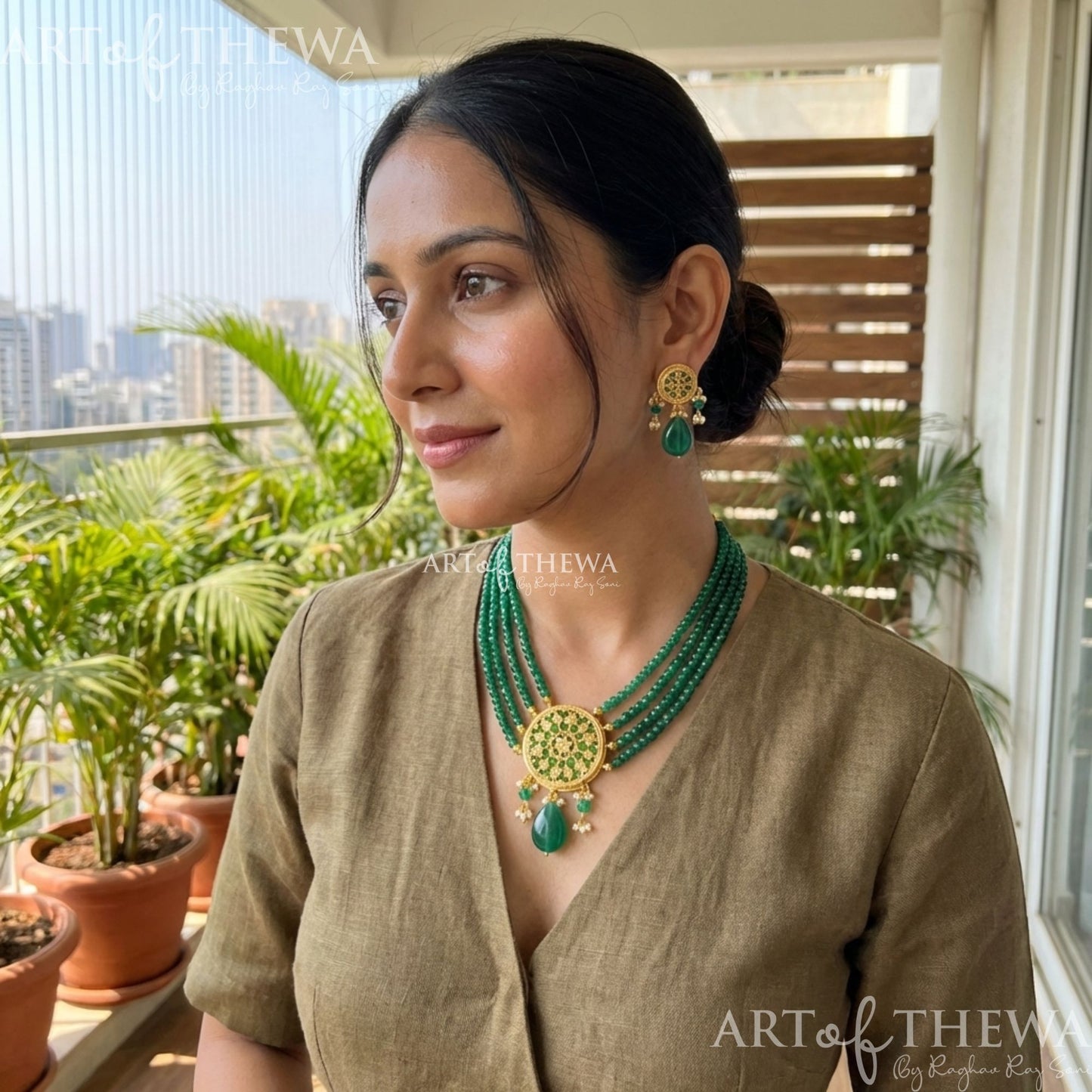 Thewa art round Floral Necklace set