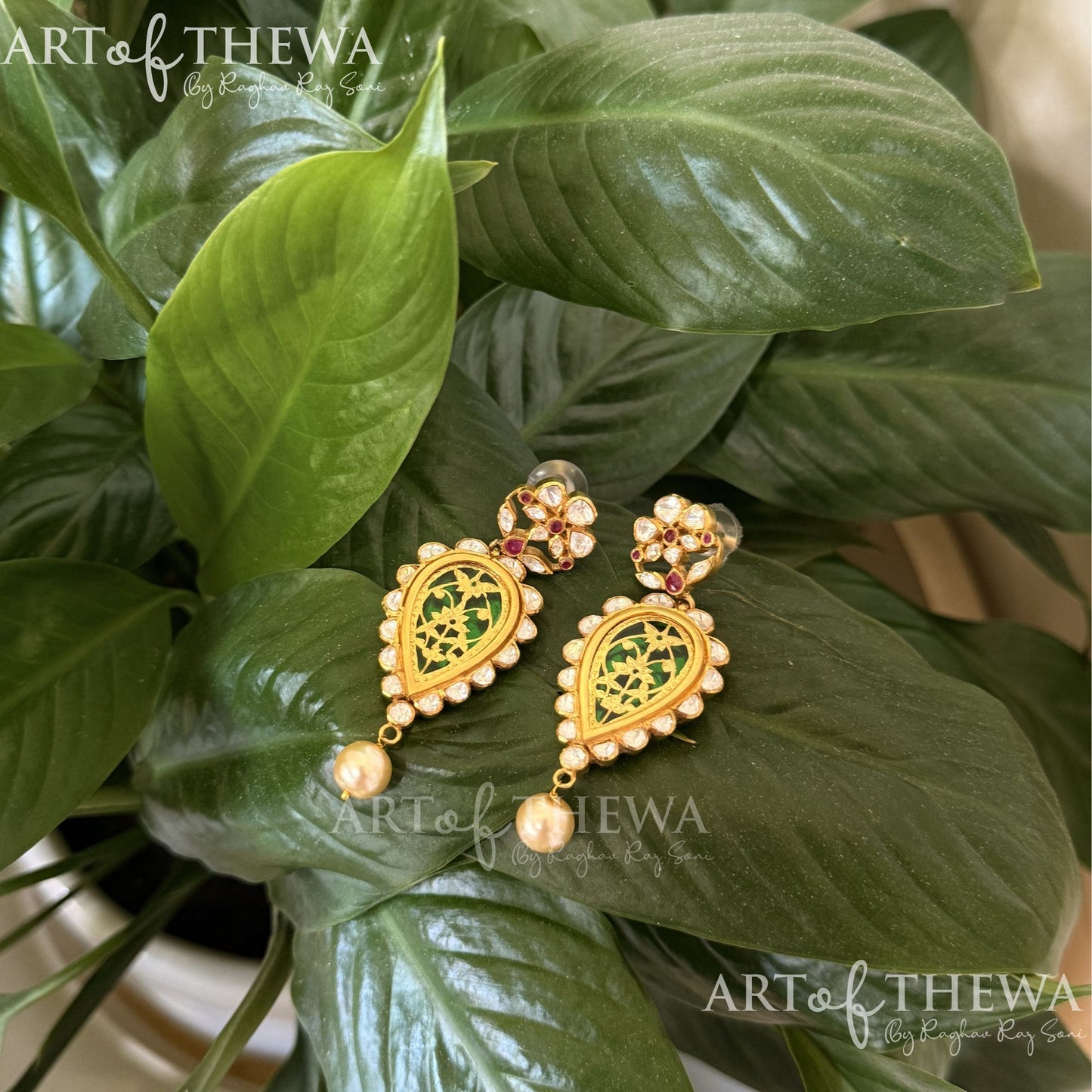 Rajpushp Polki Thewa earrings - Handcrafted Gold floral Heritage jewellery